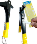Hella Tough Kayak Rivet Gun Kit With 18 Pcs Waterproof Tri Grip Rivets And Extended Nose Manual Hand Tool for marine fixes, showing tool handle and settings.