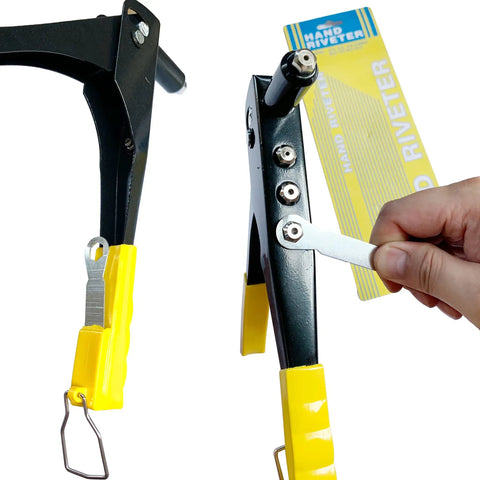 Hella Tough Kayak Rivet Gun Kit With 18 Pcs Waterproof Tri Grip Rivets And Extended Nose Manual Hand Tool for marine fixes, showing tool handle and settings.
