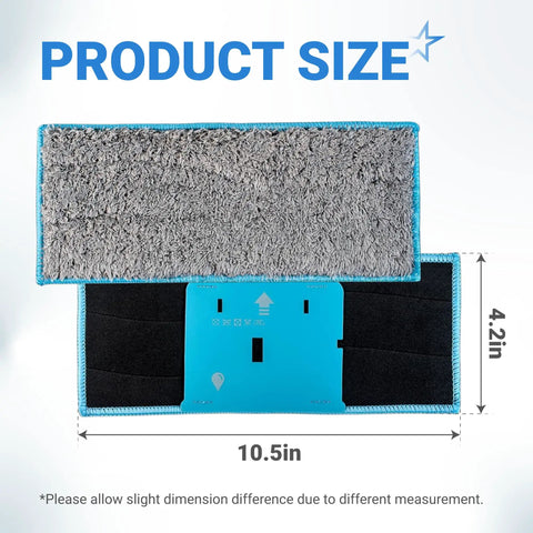 Washable And Reusable Wet Mopping Pads For iRobot Braava Jet M6 with product size 10.5 x 4.2 inches, microfiber material shown.