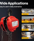 3 Ton 10ft Red Chain Hoist Heavy Duty Manual Pulley Lift With G80 Manganese Steel Chain shown with applications for factories and warehouses