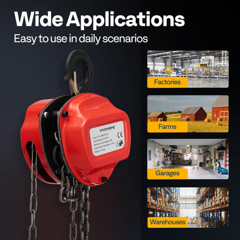 3 Ton 10ft Red Chain Hoist Heavy Duty Manual Pulley Lift With G80 Manganese Steel Chain shown with applications for factories and warehouses
