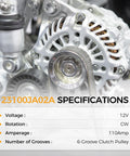 New 12V 120Amp Alternator Fits 2007 2010 Nissan Altima 2.5L, 2010 2013 Rogue, 2014 2015 Rogue Select, and 2007 2012 Sentra Replacement With 6 Groove Clutch Pulley For Reliable Power, Plug And Play Install, And Long Lasting Electrical Performance shown with specifications