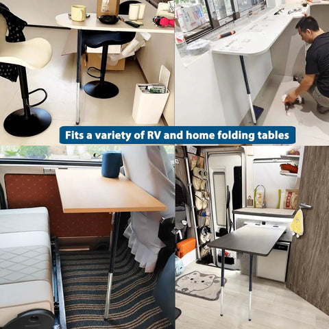 Adjustable Heavy Duty Rock Solid Foldable Table Legs Set for RV and home tables, versatile black iron stands.