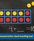 Giant Magnetic Foam Ten Frames Set With 20 Counters For Early Math Concepts, Addition And Subtraction on a blackboard surface