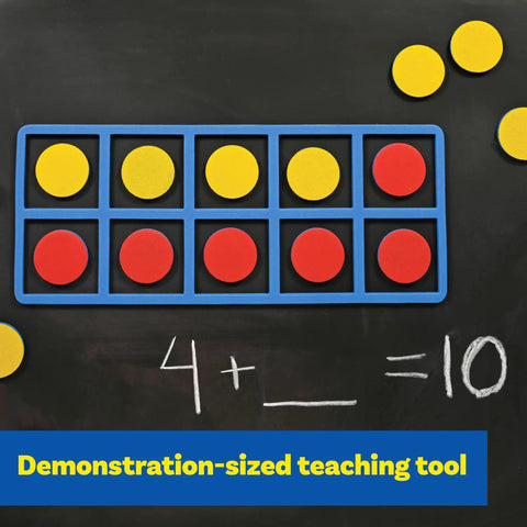Giant Magnetic Foam Ten Frames Set With 20 Counters For Early Math Concepts, Addition And Subtraction on a blackboard surface