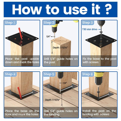 Installation guide for 4 Pack Wood Post Plate Connectors For 3.5 By 3.5 Posts Deck Post Base Plate For Fence And Railing Black 45 Steel WT25