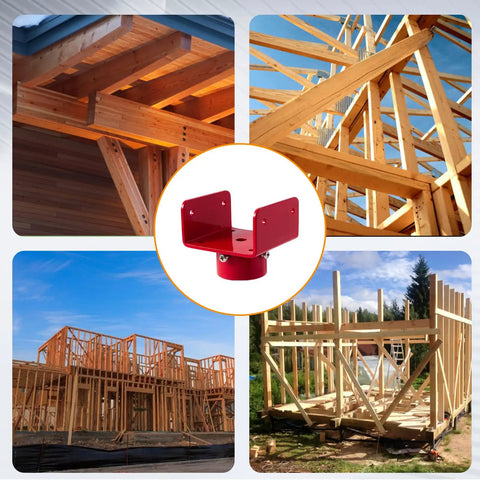 2 Pack U Shaped Bottle Jack Post Adapter For 4x2 4x4 4x6 Wood Beams Heavy Duty Steel Beefy U Head Stand Adapter For Beam And Joist Lifting In Home Construction And Repair Red shown with wooden beams in construction