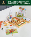 Premium Five Piece Bamboo Drawer Organizer Set Featuring Versatile Storage Trays For Kitchen Bedroom And Office Transform Junk Drawers Instantly, showcasing various stationery and toys.