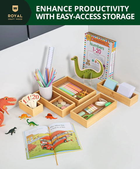 Premium Five Piece Bamboo Drawer Organizer Set Featuring Versatile Storage Trays For Kitchen Bedroom And Office Transform Junk Drawers Instantly, showcasing various stationery and toys.