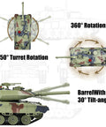 One Twenty Fourth Scale RC Tank With Smoke Lights and Sounds 2.4 GHz Remote Control Leopard II Army Model images showing 360° and 350° turret rotation and barrel tilt angle features.