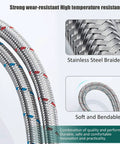 Close-up of stainless steel braided hose with blue and red markings, labeled as soft and bendable, highlighting durability.