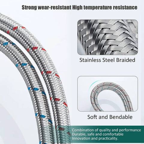 Close-up of stainless steel braided hose with blue and red markings, labeled as soft and bendable, highlighting durability.