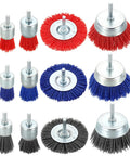 Top Shelf 12 Piece Wire Wheel And Pen Brush Set For Power Drills Featuring 1 4 Inch Round Shank, various colors and sizes of wire brushes.