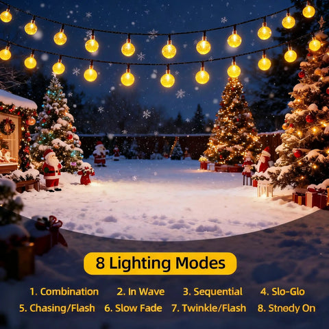 Solar String Lights Outdoor IP65 Waterproof 9.3 Feet With 20 Crystal Globe Bulbs illuminating festive winter scene.