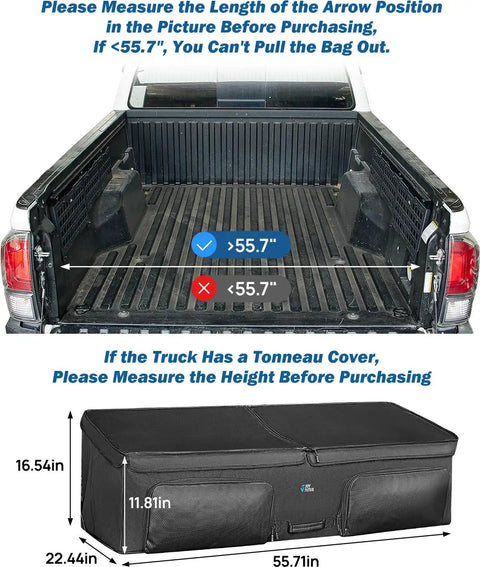 Truck Bed Cargo Organizer Bag For Pickup And SUV Fits Gladiator Ranger Cybertruck Tacoma Colorado Canyon Tundra Silverado Sierra Keeps Groceries Golf Gear And Tools Secure With Easy Slide In And Out Access with measurements shown.