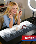 Forest Pattern Extended Gaming Mouse Pad Large Desk Mat Ultra Wide 31.5 X 11.8 Inches With Non Slip Neoprene Backing and Stitched Edges displayed on makeup desk with lipsticks and cosmetics.