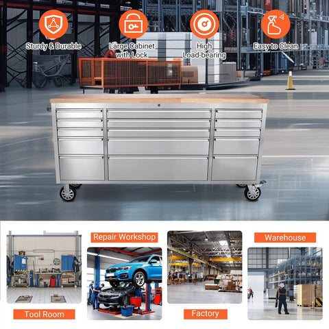 Heavy-Duty 72 Inch Mobile Tool Chest With Solid Wood Top Workbench, 15-Drawer Stainless Steel Rolling Cabinet in a garage setting