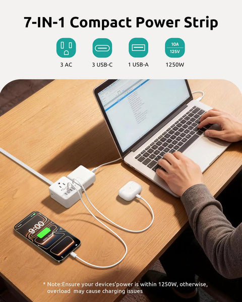 360° Rotating Flat Power Strip With 3 Ac Outlets And 4 Usb Ports Smart Extension Cord in use on desk with laptop and phone.