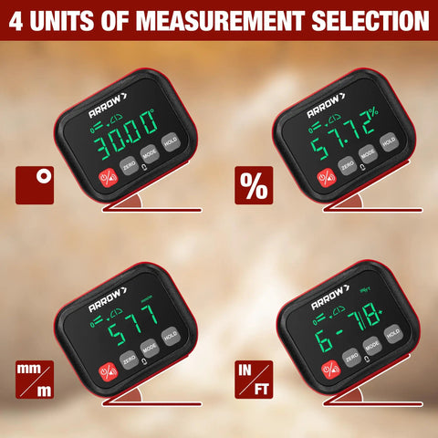 Job Site Ready Digital Angle Gauge And Knockout Precision Electronic Protractor Finder With Bullseye Accuracy displays 4 measurement units.