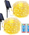 Two Pack 300 LED Solar Fairy Lights 108 Feet Outdoor Indoor Waterproof Twinkle String With 8 Modes And Remote, shown with solar panels