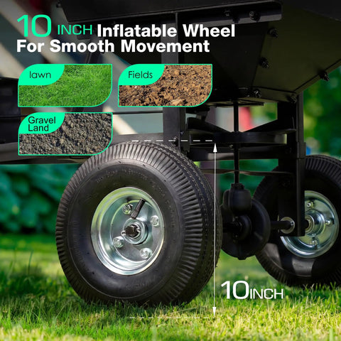 Beefy Built Tow Behind Broadcast Spreader for Lawn and Garden with 10-inch pneumatic tire for smooth movement on rough terrain.
