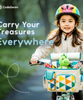 Child with Insulated Kids Bike Basket With Two In One Handlebar And Shoulder Bag holding toys on a bike.