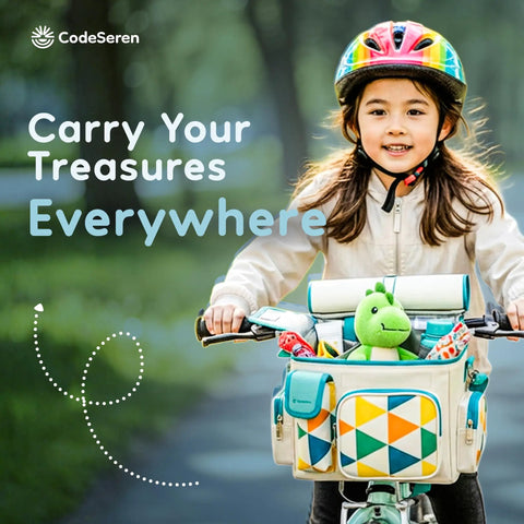 Child with Insulated Kids Bike Basket With Two In One Handlebar And Shoulder Bag holding toys on a bike.