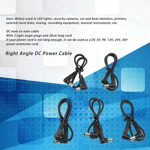 90 Degree Angled Dc Power Extension Cable Five Piece Set Male To Male 5.5Mm By 2.1Mm Connector, 28cm long, right angle design.