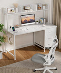 White Computer Desk with Hutch and Drawers 47 Inch Space Saving Modern Study Writing Desk for Bedroom and Home Office