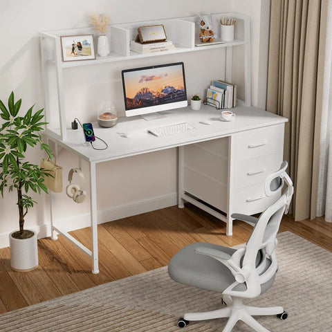 White Computer Desk with Hutch and Drawers 47 Inch Space Saving Modern Study Writing Desk for Bedroom and Home Office