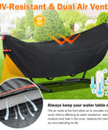 Waterproof Hammock Cover For 11 To 12 Ft Hammock Stands With Windproof Straps, UV-resistant, installed on frame, outdoor view