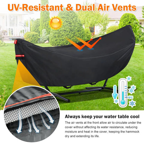 Waterproof Hammock Cover For 11 To 12 Ft Hammock Stands With Windproof Straps, UV-resistant, installed on frame, outdoor view