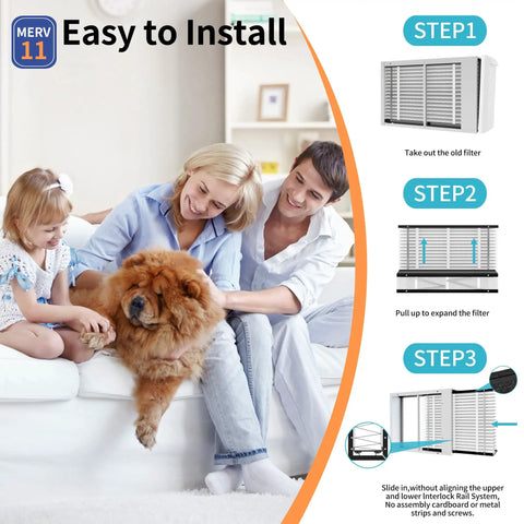 Family and pet on sofa with installation steps for 1 Pack 210 Replacement Filter For 210 Series Whole House Air Purifiers