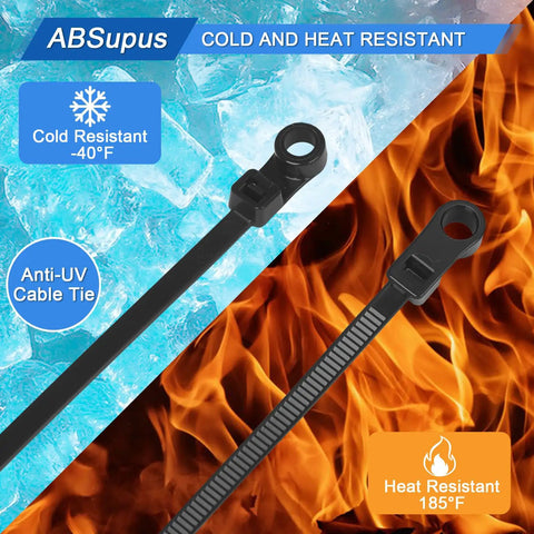 Heavy Duty Zip Ties With Screw Holes Mounting Tabs 12 Inch And 10 Inch 90 Pound Capacity All Weather Indoor Outdoor Cable Management Ties Black And White Wire Ties With Screw Holes For Garage Garden, showing cold and heat resistance features.