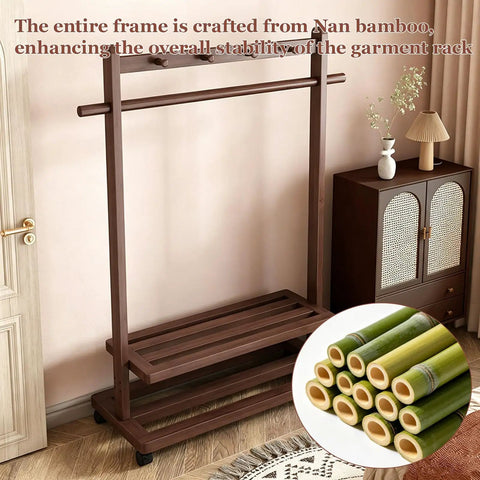 Heavy Duty Bamboo Rolling Clothing Rack With Wheels And Storage Shelves Hella Sturdy Garment Stand Featuring Five Durable Hooks For Versatile Decor