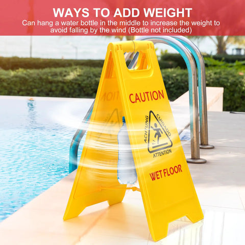 Three Pack 25 Inch Two Sided Wet Floor Caution Signs A Frame Fold Out Bright Yellow Multilingual Safety Warnings by pool