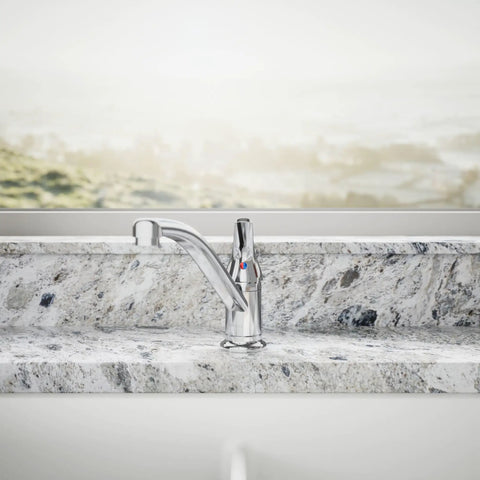 JOLT Swing Spout Faucet Without Side Spray In Metal Construction With Polished Chrome Finish on a granite countertop