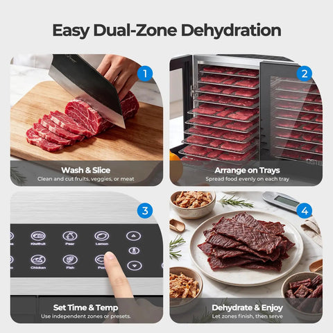Built Different Dual Zone Food Dehydrator With 20 Spacious Trays And 1300 Watts For Making Beef Jerky Fruits Vegetables Herbs And Pet Snacks Plus 48 Hour Auto Timer showing food preparation steps.