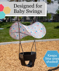 Outdoor Baby Swing Sun Shade for Toddlers on swing, colorful canopy blocking UV rays, perfect fit for outdoor play, keeps kids cool.
