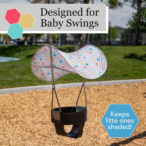 Outdoor Baby Swing Sun Shade for Toddlers on swing, colorful canopy blocking UV rays, perfect fit for outdoor play, keeps kids cool.