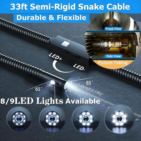 HD 1920P Endoscope Camera With Light And 9 Adjustable LEDs 33ft SemiRigid Dual Lens Borescope with flexible cable