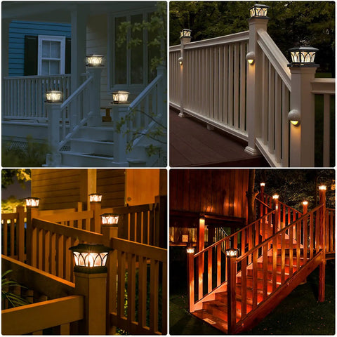 Solar Post Cap Lights For 4x4 And 6x6 Posts, installed on outdoor fences and decks at night with warm LED glow, black.