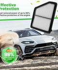 Car driving on a dirt road with an air filter above, featuring "Engine And Cabin Air Filter Set For Honda Civic 2016 to 2026 2.0L Naturally Aspirated And Honda HRV 2023 to 2026 2.0L Not For Type R Replacement CF11182 CA12051" for enhanced dust removal.