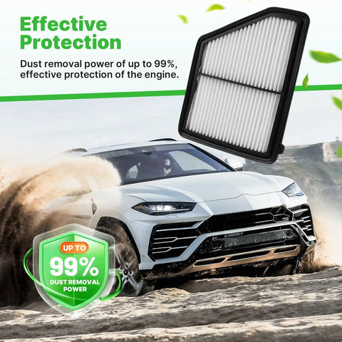 Car driving on a dirt road with an air filter above, featuring "Engine And Cabin Air Filter Set For Honda Civic 2016 to 2026 2.0L Naturally Aspirated And Honda HRV 2023 to 2026 2.0L Not For Type R Replacement CF11182 CA12051" for enhanced dust removal.