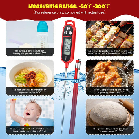Six Pack Meat Thermometers With Probes Instant Read Digital Kitchen Thermometers For Grill BBQ Cooking Milk And Yogurt Temp Check Includes Protective Sleeves Red with temperature guidelines