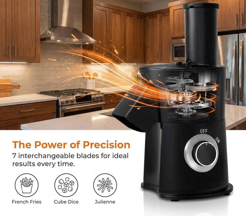 7-in-1 Electric Vegetable Chopper And Mincer With 7 Stainless Steel Blades in a modern kitchen setting, showcasing its design and function.