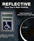 Reserved Handicap Parking Signs 8x12 Inches Reflective Aluminum 2 Pack, angled view with accessibility symbol and reflective coating