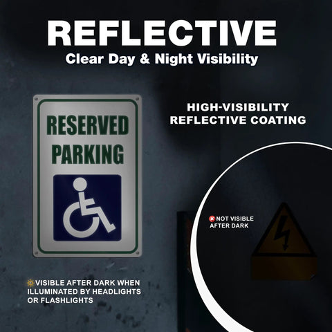 Reserved Handicap Parking Signs 8x12 Inches Reflective Aluminum 2 Pack, angled view with accessibility symbol and reflective coating