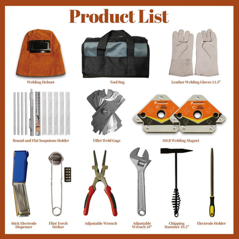 All In One 26 Piece MIG Welding Kit With Auto Darkening Helmet Heat Resistant Leather Gloves Chipping Hammer Welpers Pliers