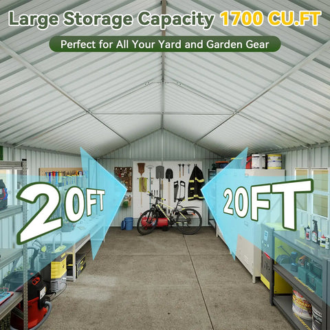 Interior of Beefy Heavy Duty Metal Storage Shed Outdoor Carport With Double Doors, All Weather 12x20x9.3 Ft, 1700 Cu Ft Capacity